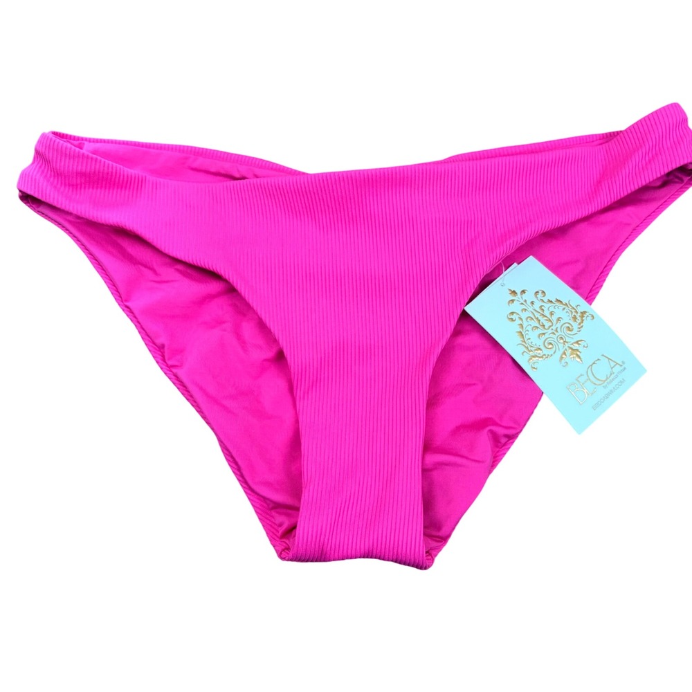 BECCA by Rebecca Virtue Adela Hipster Bikini Bottom Pink Ribbed Ruched Large NEW
